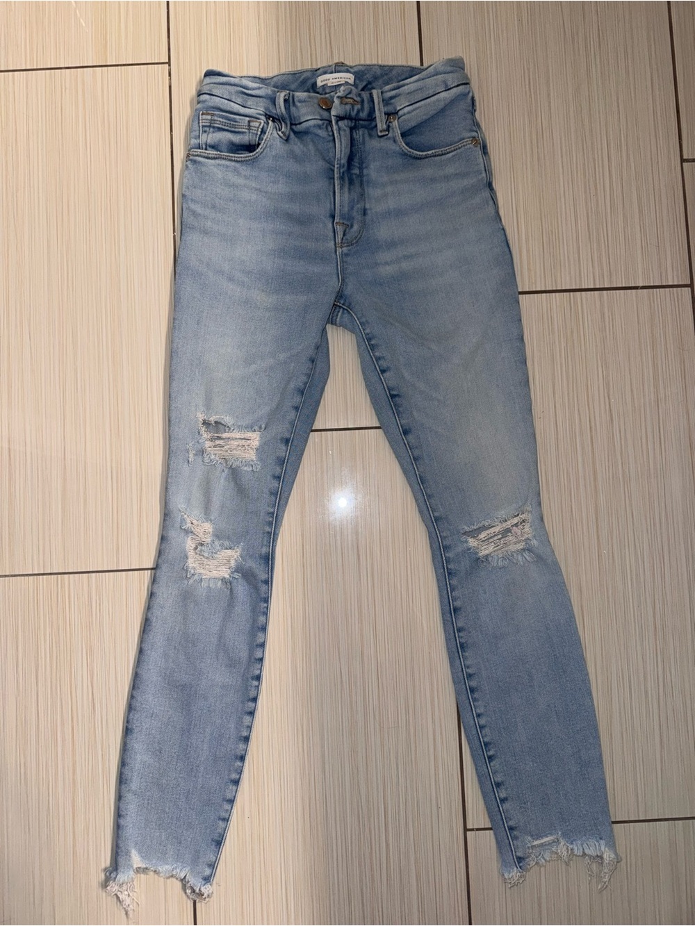 GOOD AMERICAN Good Legs Line - Light Blue washed Distressed Skinny Jeans 4/27